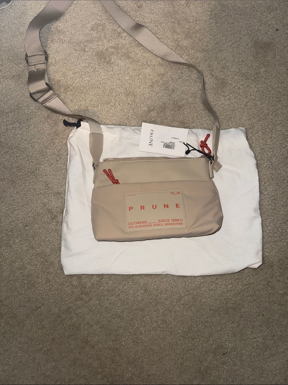 PRUNE Beige Crossbody Belt Bag with Red Accents